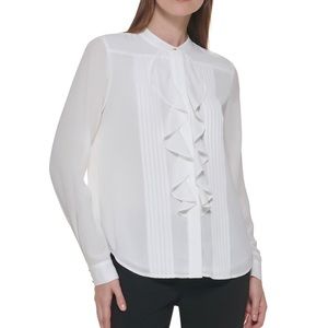 Calvin Klein Petite Pleated Ruffle Front Blouse